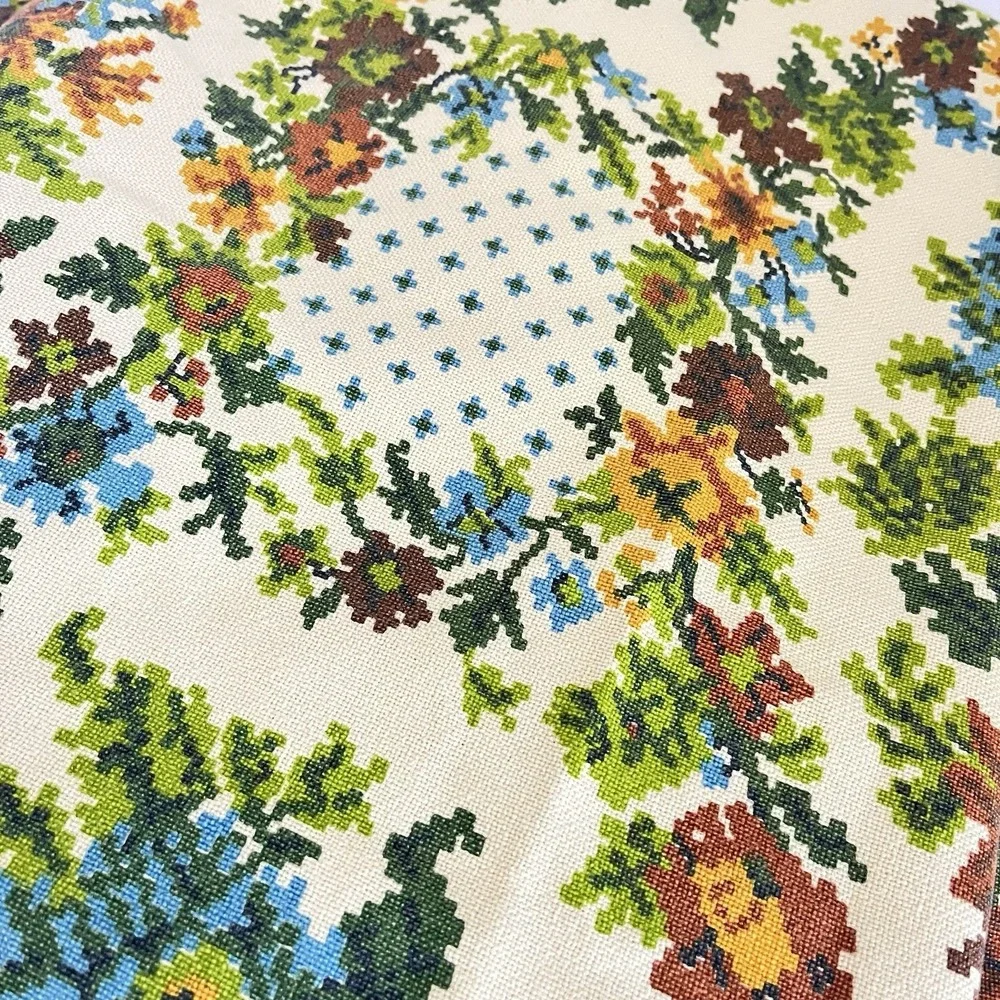 Vintage 70s colorful faux cross stitch floral fabric tablecloth retro 58x98